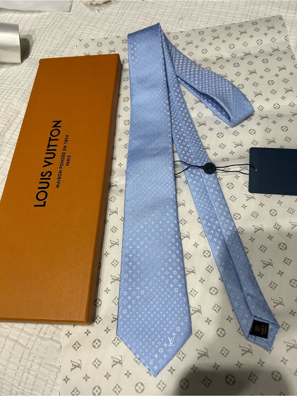 Louis Vuitton Light Blue Monogram Silk Tie